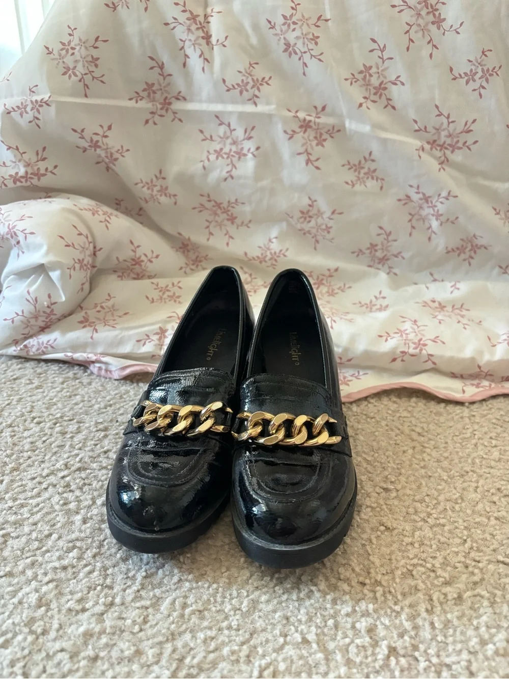 Limelight Black Patent Chunky-Heel Loafers with Gold Chain